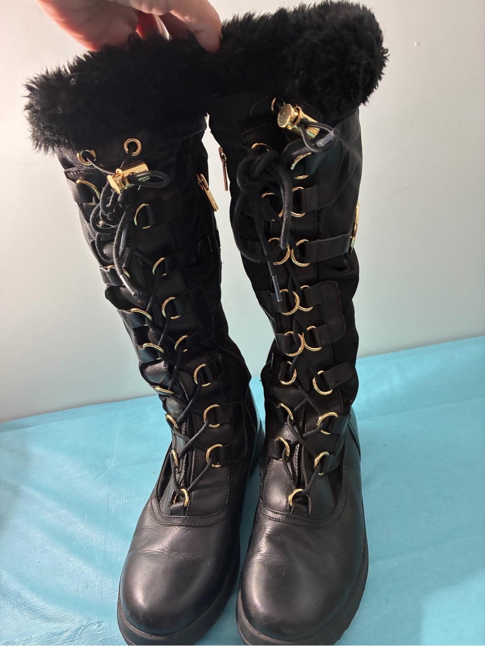 Michael Kors Black Leather Lace Up Knee High Faux Fur Trim Winter Boots Size 8.5
